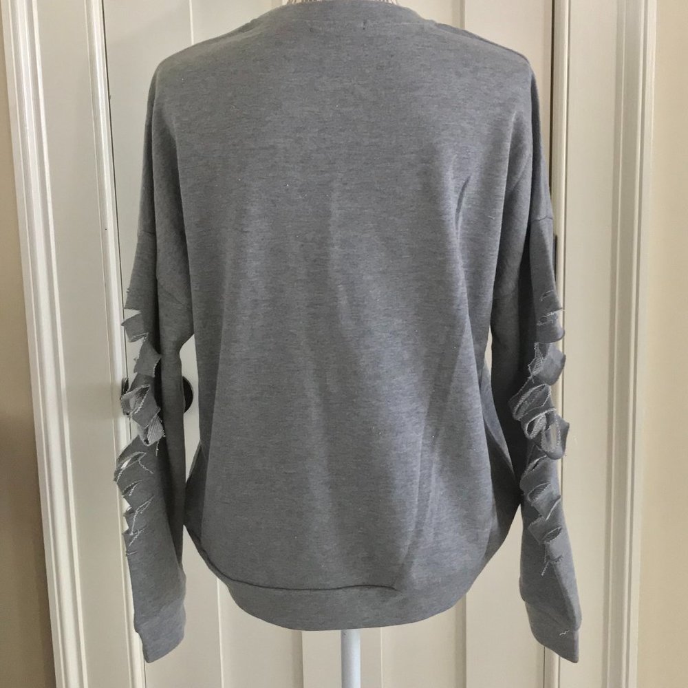 Unique Find Hi-Lo Hem Sweatshirt Top Ripped Sleeves S M L Heather Grey Crewneck - Picture 7 of 16